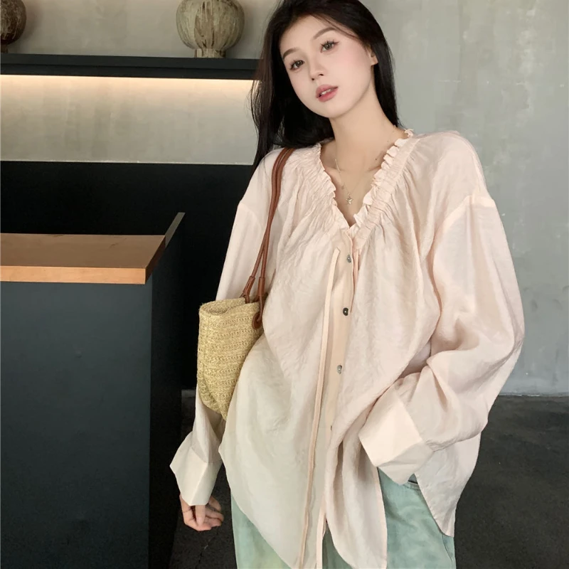 Ruffles V-neck Long Sleeve Shirts Women Leisure Loose Solid Single Breasted Elegant Vintage French Style Spring Autumn Cloth