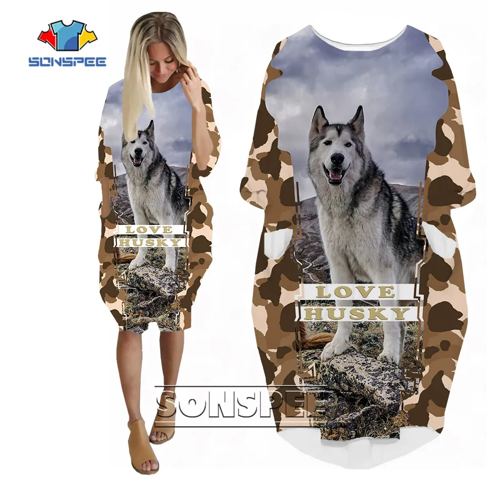 

SONSPEE 3D Print Love Husky Women's Cool Dress Amazing Designs Long Sleeve Cute Pet dog Pocket Skirt Loose Camouflage Skirts