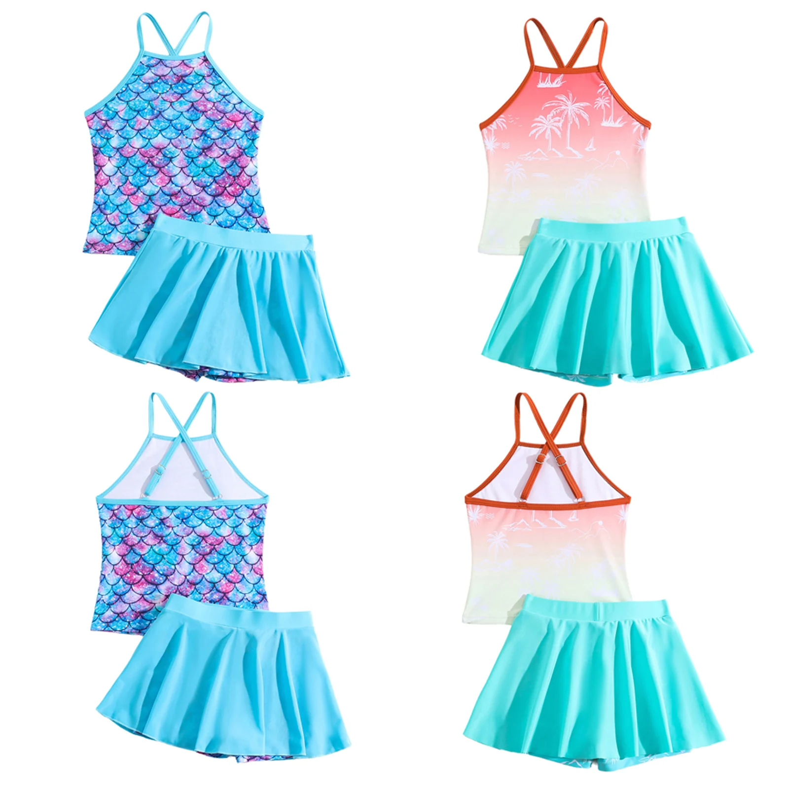 Kids Girls Printed Swimsuit Set Bikini Adjustable Straps Top and Ruffled Skirt with Shorts for Swimming Bathing Beach Vacation