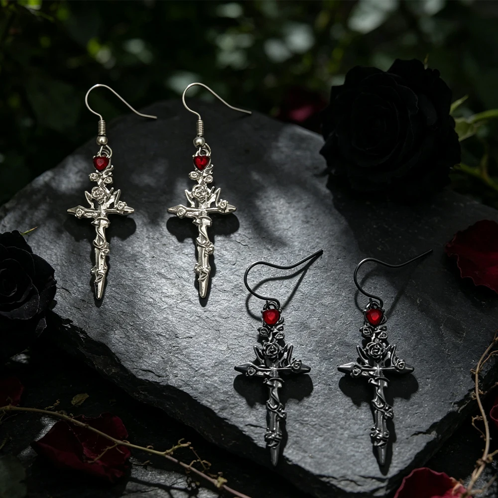 Rose Entwined with Cross Sword and Red Heart Diamond Dangle Earrings, Two-Tone Vintage Thorn Rose Cross Metal Earrings, Everyday Style Accessory