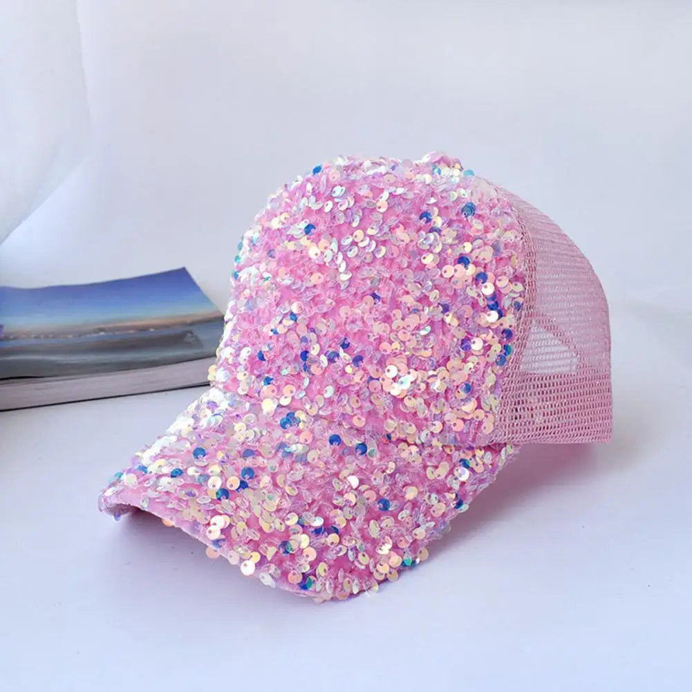 

Shiny Sequins Baseball Hat For Women Breathable Net Stitching Extended Brim Baseball Hat Sunscreen Bright Color Stage Sun Hat