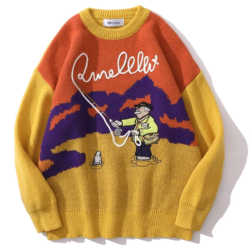 Vintage Pullover Sweater Men Cartoon Pattern Embroidery Knitted Sweaters Japanese Harajuku Casual Loose Jumper Couple Streetwear