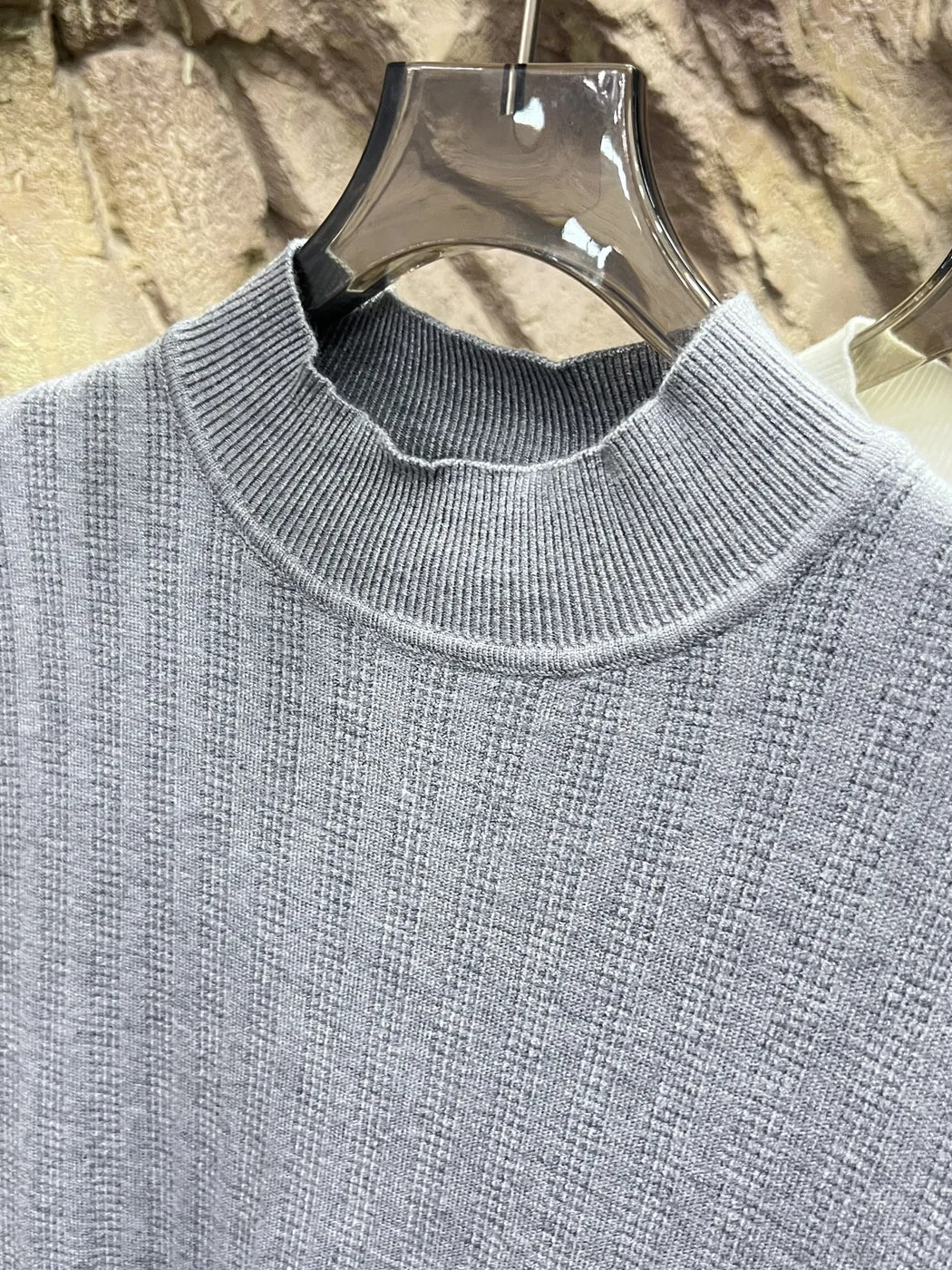 Elegant Italian Style Men's Knitted Sweater Breathable Skin-friendly Stripe Texture Long Sleeve Half High Collar Polyester Blend