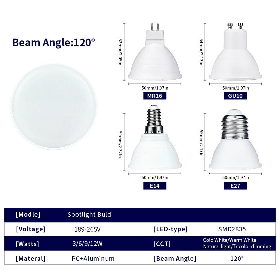 Lâmpada LED, 220v, 12w, 9w, 6w, 3w, mr16, e27, e14, 1pcs.