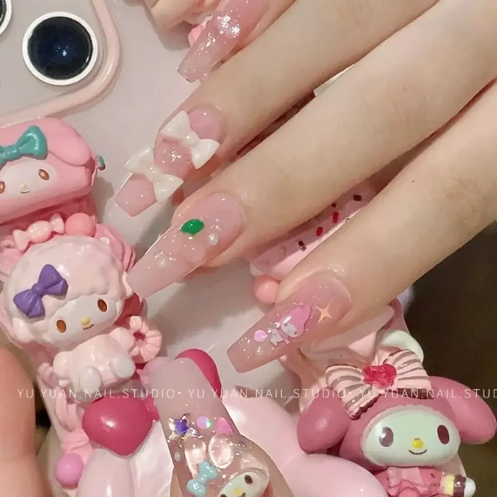 My Melody Sanrio Manicure Fingers Adesivos, Kawaii, Ins Moda, Doce, Decoração de Unhas, Arco, Desenhos Animados, Bonitos, Presentes para Meninas