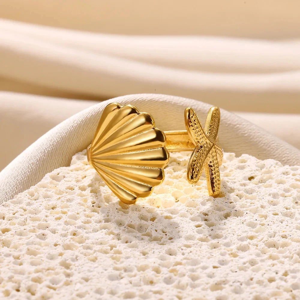 Simple Gokd Color Shell Starfish Rings for Women Openning Stainless Steel Ring Wedding Jewelry Gifts