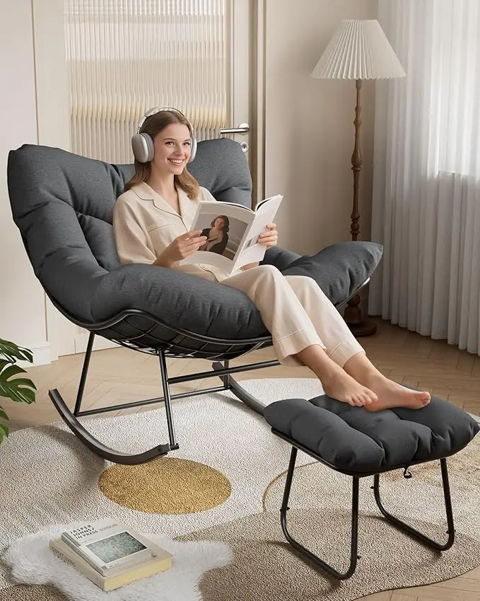Oversized Papasan Rocking Chair with Footrest, Outdoor Lounge Chair with Ottoman and Sturdy Metal Frame, Patio Rattan Egg Rocker for Balcony Backyard Porch Bedroom