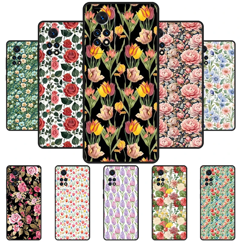 Floral Chic Roses Tulips Garden Phone Case For Redmi Note 11 EPro 11S 10T 9S Promax 8 Pro Xiaomi Mi 11 12X 12S Ultra Cover