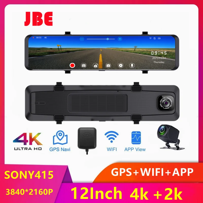 12 Inch 4K Front 2160P Rear 2K Car DVR  Dash Cam WIFI GPS Sony IMX415 Rear View Mirror  Car Camera Video Recorder Park Monitor