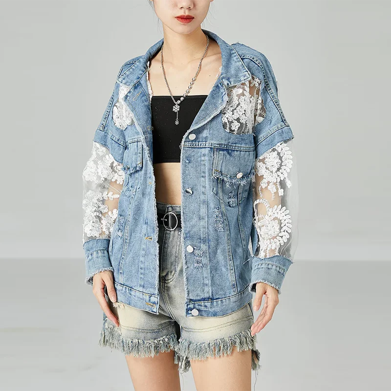 BPN Patchwork Sheer Mesh Denim Jackets For Women Lapel Long Sleeve Single Breasted Hit Color Embroidery Jackets Female Fashion