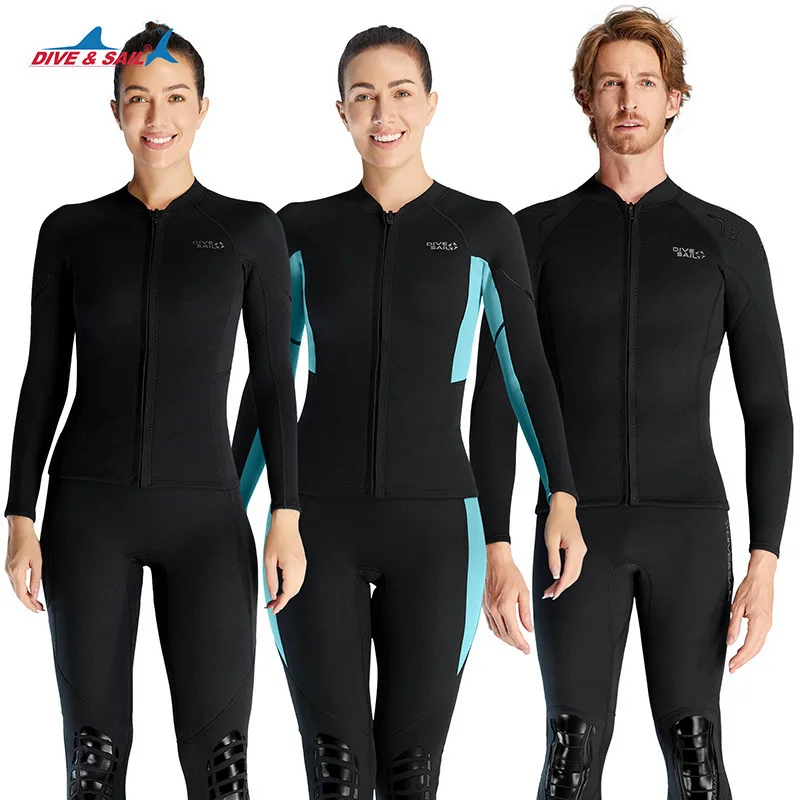 1.5mm diving suit split top with long sleeves for cold insulation and warmth. Swimming, snorkeling, surfing suit