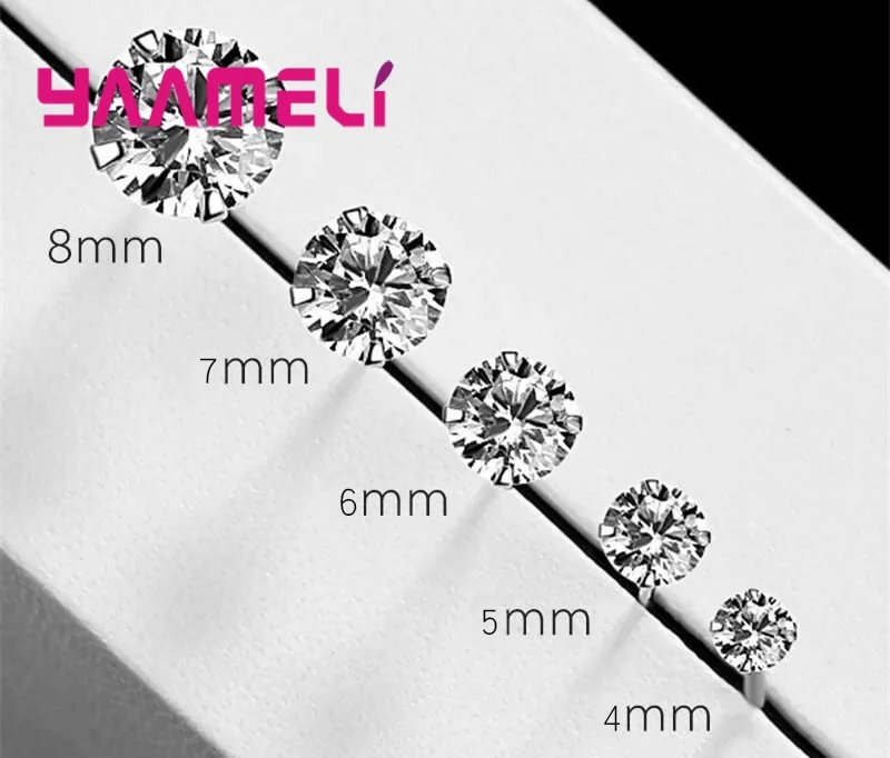 Shining Men Women 925 Sterling Silver Cubic Zircon Stud Earrings Four Claws Prong Setting Ear Jewelry 4mm/5mm/6mm/7mm/8mm