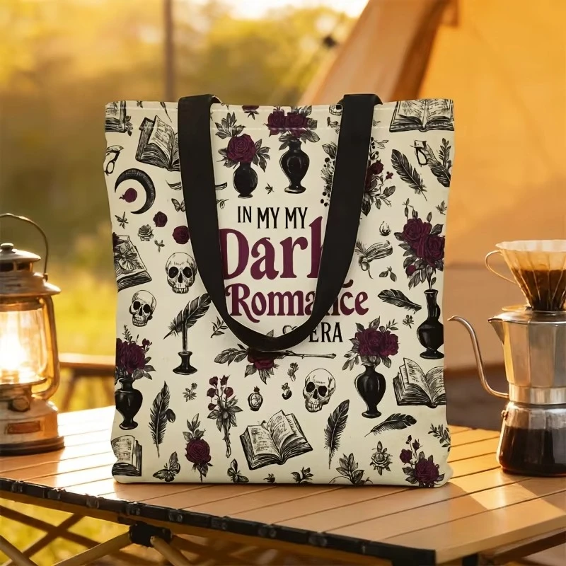 In My Dark Romance Era Canvas Tote Bag Vintage Skull Rose Book Print Reusable Shopping Bag Book Lover Shoulder Handbag
