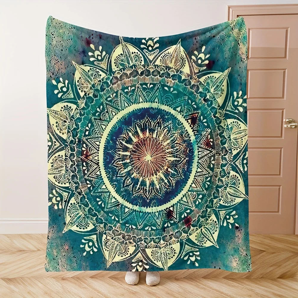 Bohemian Style Mandala Fleece Blanket - Soft, Vibrant Blue, Green, Yellow Patterns | Perfect for Sofa, Napping, Bedding