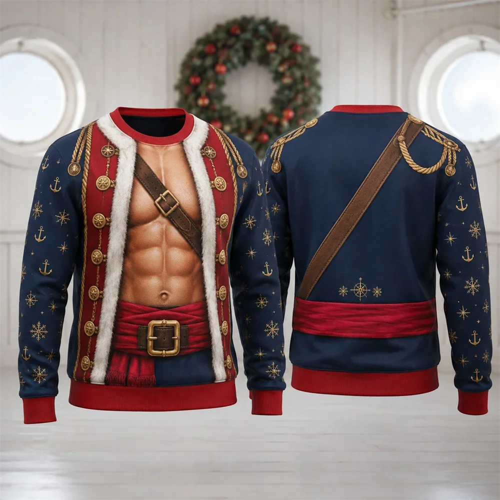 Christmas Costume 3D Print Fake Muscle Ugly Sweater For Men Holiday Funny Cosplay Santa Claus Crewneck Pullover Sweatshirt New
