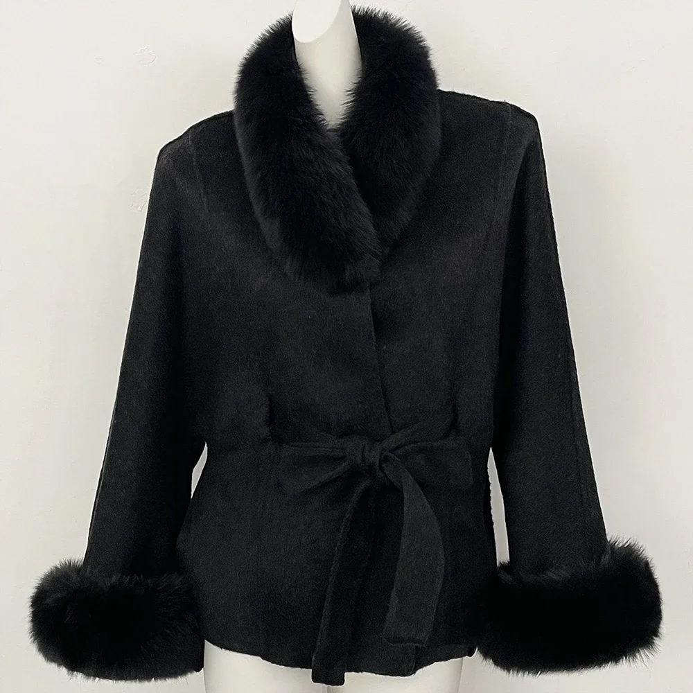 OFTBUY Neue Winter Natürliche Pelz-Wolljacke für Damen Luxuriöser Kurzer 100% Wollmantel Echter Fuchspelzkragen mit Gürtel Damen-Oberbekleidung – Detail 10