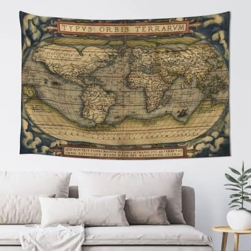 VIKAMA Polyester Vintage Antique World Map Print Tapestry Wall Hanging For Living Room Bedroom Study Retro Travel Decor Gift