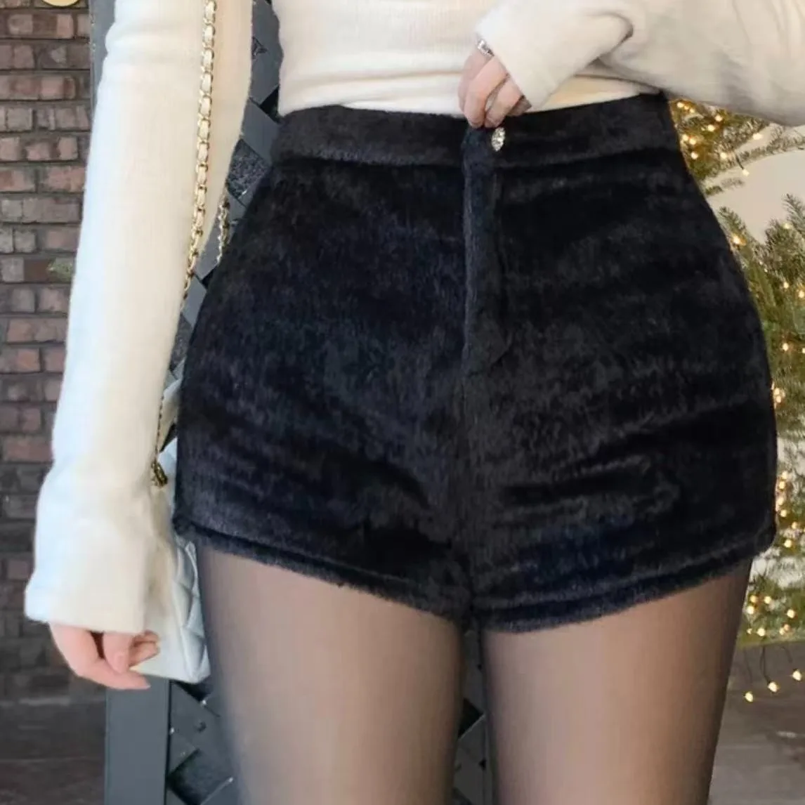 Chique outono inverno cintura alta perna larga ort calças femininas pele do falso textura macia coreano sle corte reto quente commute wear