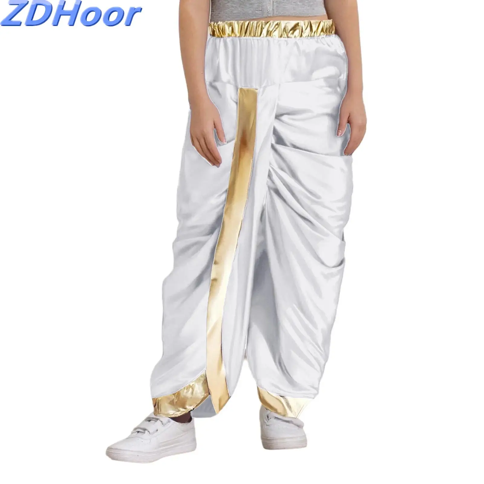 

Детские традиционные индийские танцевальные брюки для мальчиков, костюм с металлической отделкой, эластичный пояс, атласные брюки-доти для праздничных мероприятий