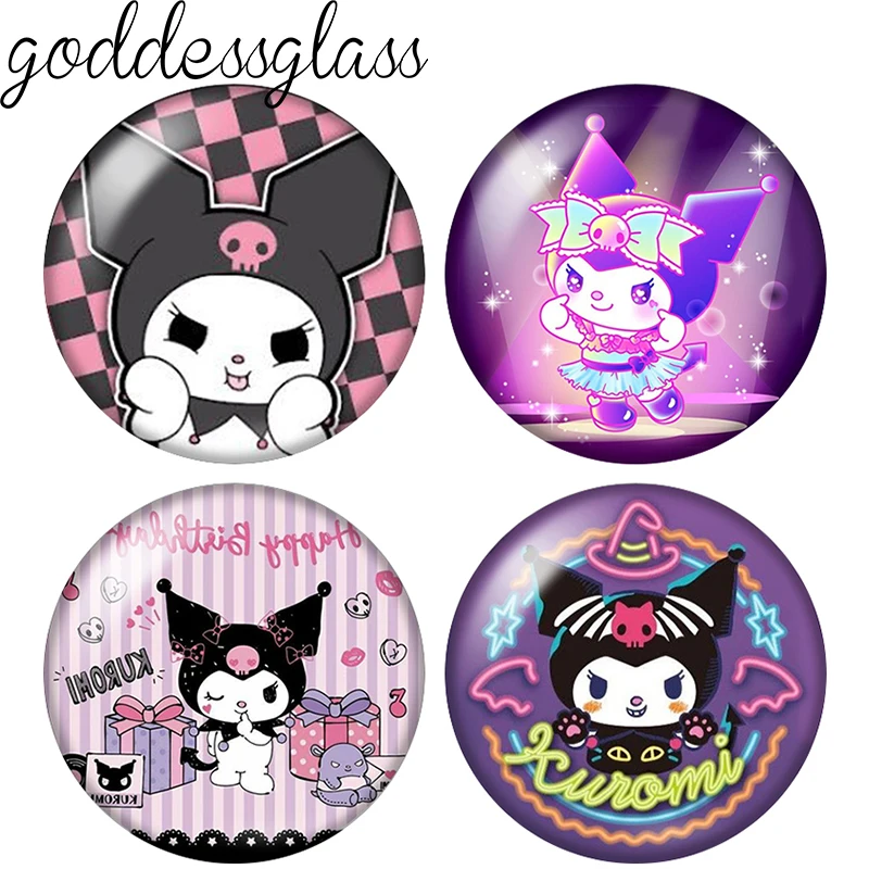 Cartoon Kuromi Purple Magic Melody Niedlicher runder 12mm/18mm/20mm Fotoglas-Cabochon mit flacher Rückseite für die Herstellung von Schlüsselanhänger-Schmuck.