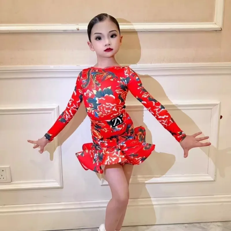 2024 New Children's Latin Dance Big Flower Pattern Red Long Sleeve Practice Dress Cute Latin Dance Dress Set