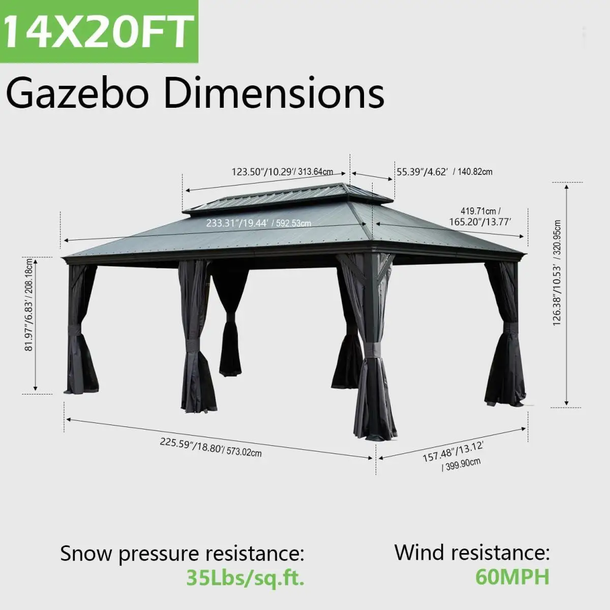 14'x20' Hardtop Gazebo with Resin Roof, Outdoor Metal Gazebo with Drainage Gutters, Permanent Heavy Duty Pavilion for Patio, Backyard and Deck, Curtains and Mosquito Netting Included On-Site