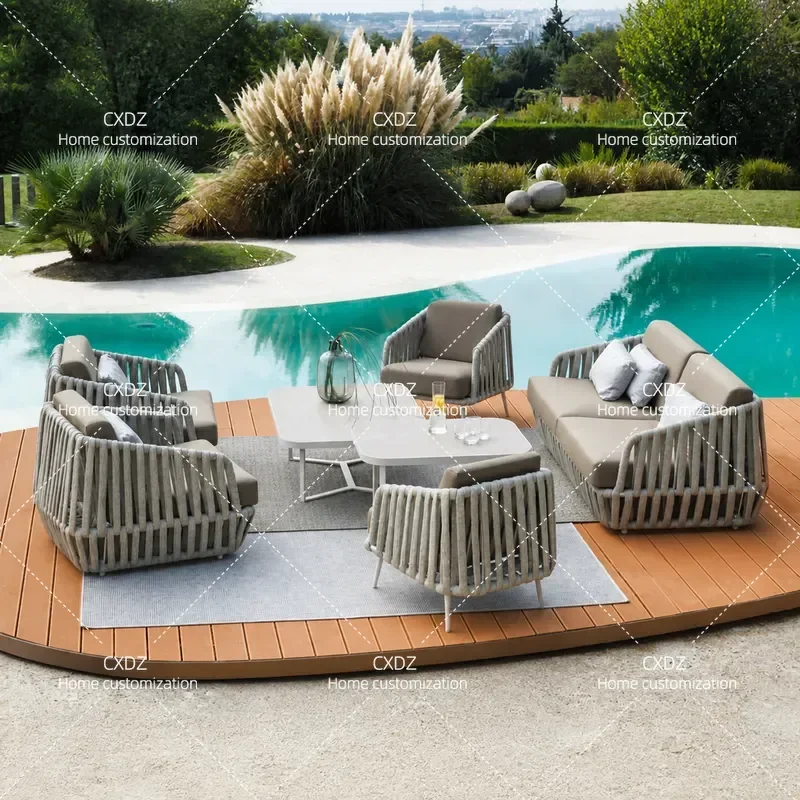 Villa Outdoor Rattan Sofa Set Nordic Style Leisure Table and Chairs Furniture for Hotel Homestay Courtyard Double Seating