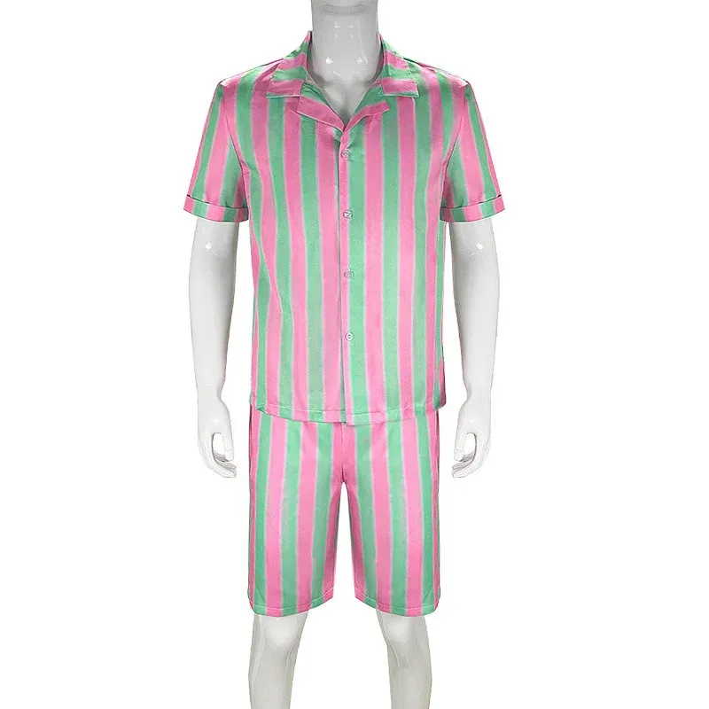 

aaa12 3Men Summer Short Sleeve Suit Ken Ryan Gosling Cosplay Stripe Shirt Coat Pants Halloween Uniform Party Outfit Carni