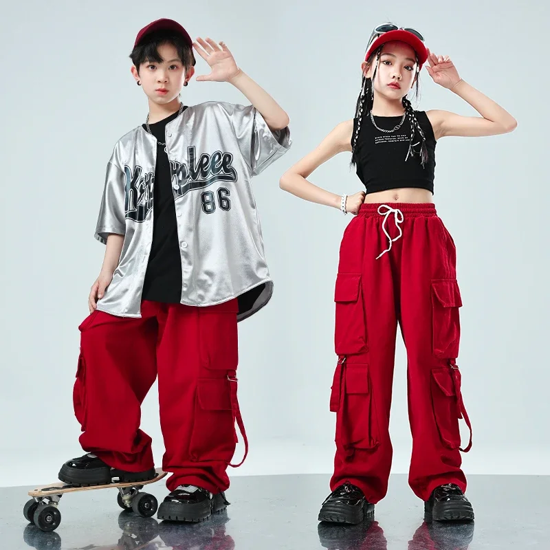 Joggers de Hip Hop para niños, trajes de baile callejero de salón, ropa de calle para niños, ropa Punk de Jazz para niñas, camisa plateada de manga corta