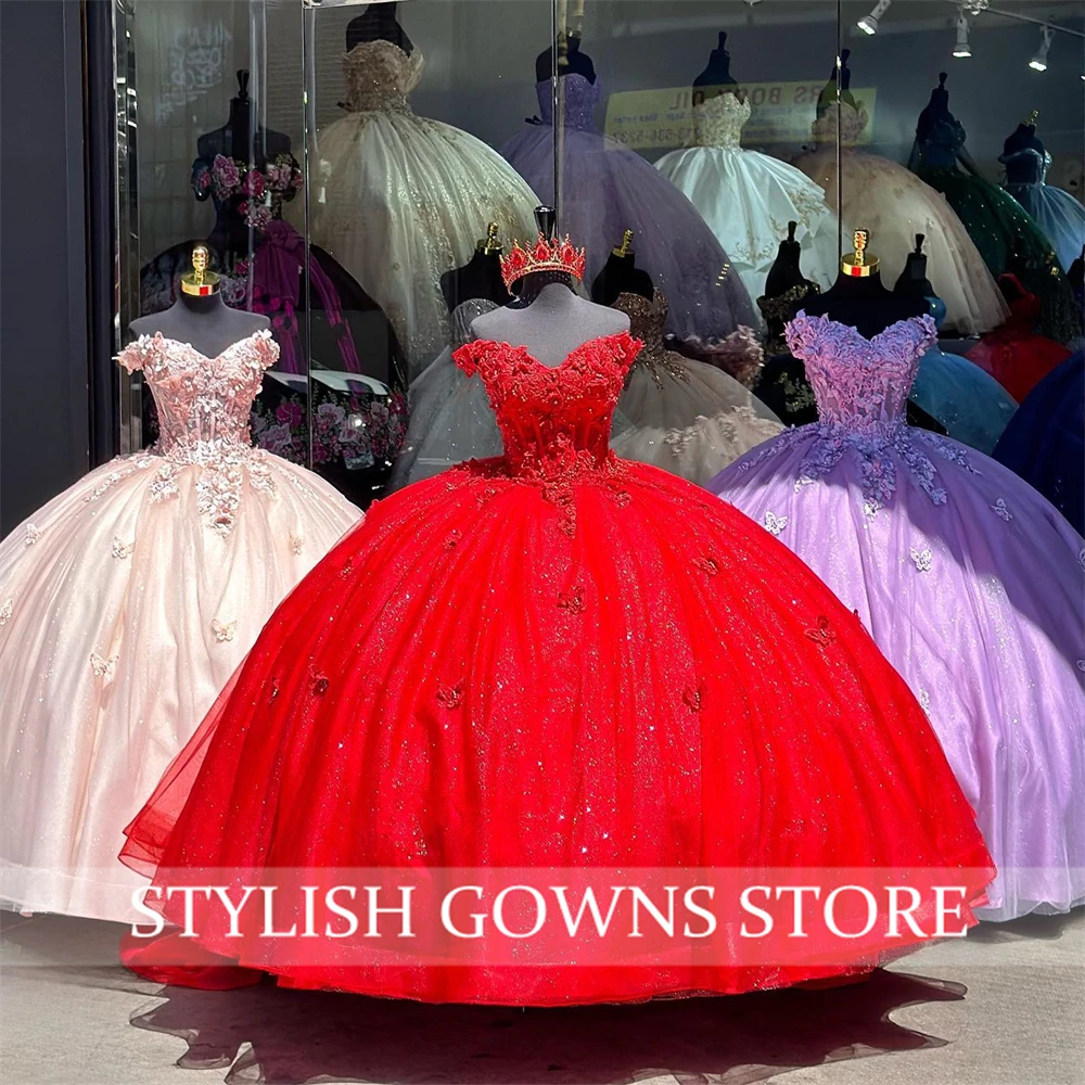 Red Off The Shoulder Ball Gown Quinceanera Dresses For Girls Beaded 3D Flowers Birthday Party Gowns Lace Up Back Graduation Prom