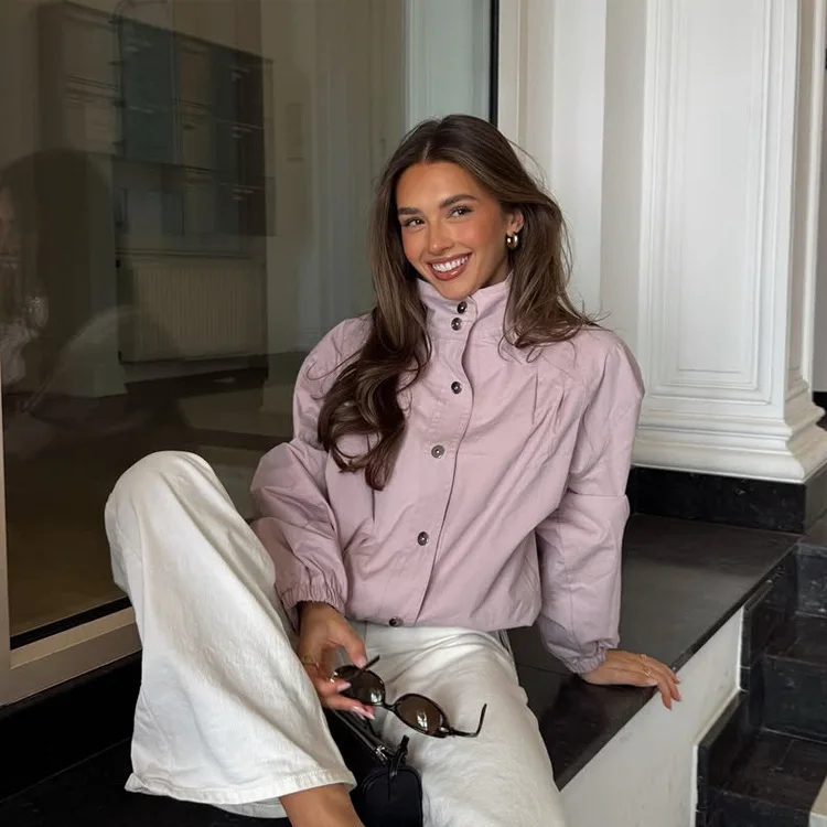 Light Pink Stand Collar Jacket Black Metal Snap Buttons Elastic Cuff Drop Shoulder Loose Fit Lightweight Spring Casual Outerwear