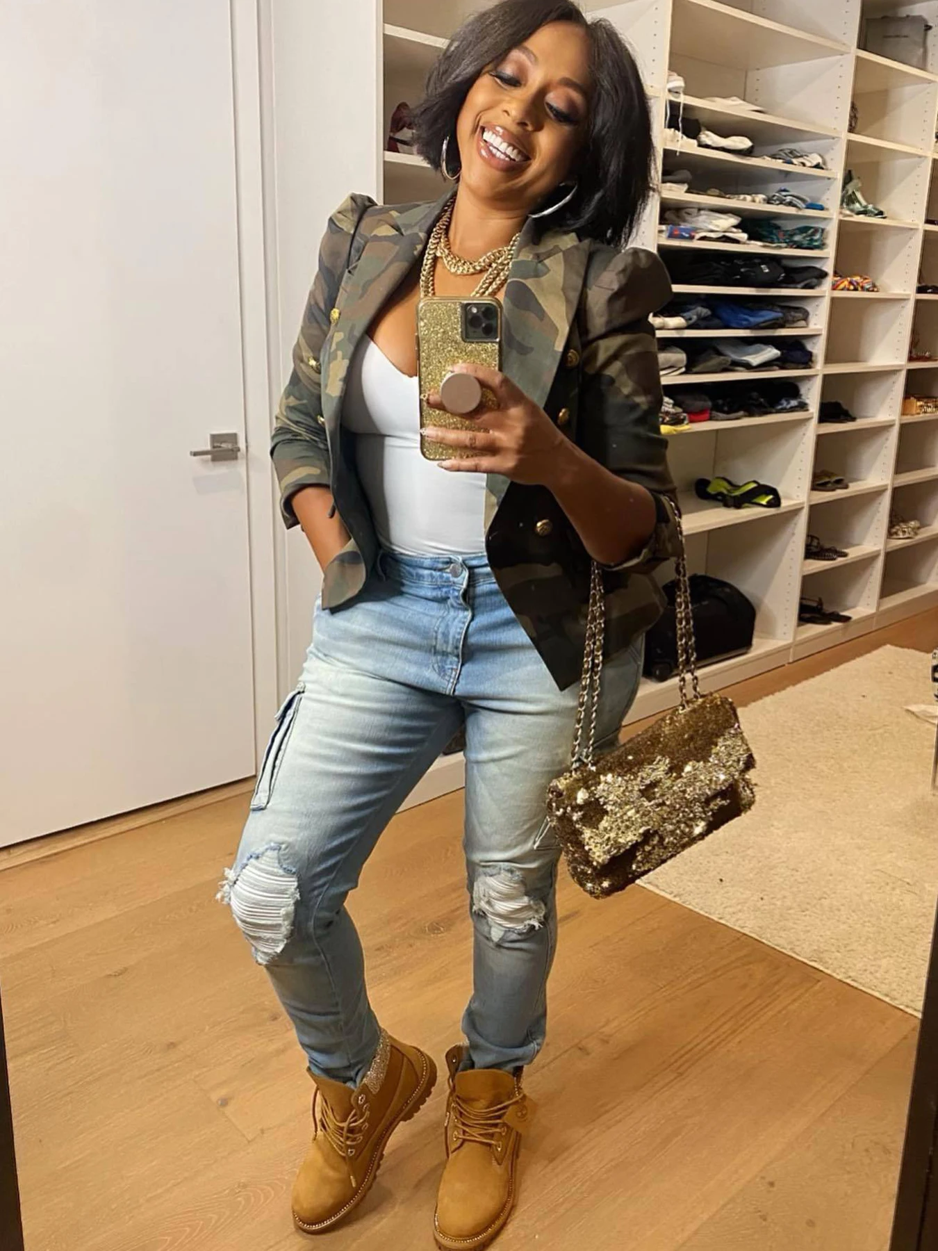 

Ladies Camouflage Double-Breasted Jacket Long Sleeve Turn-down Collar Open Front Casual Design for Commuting And Parties