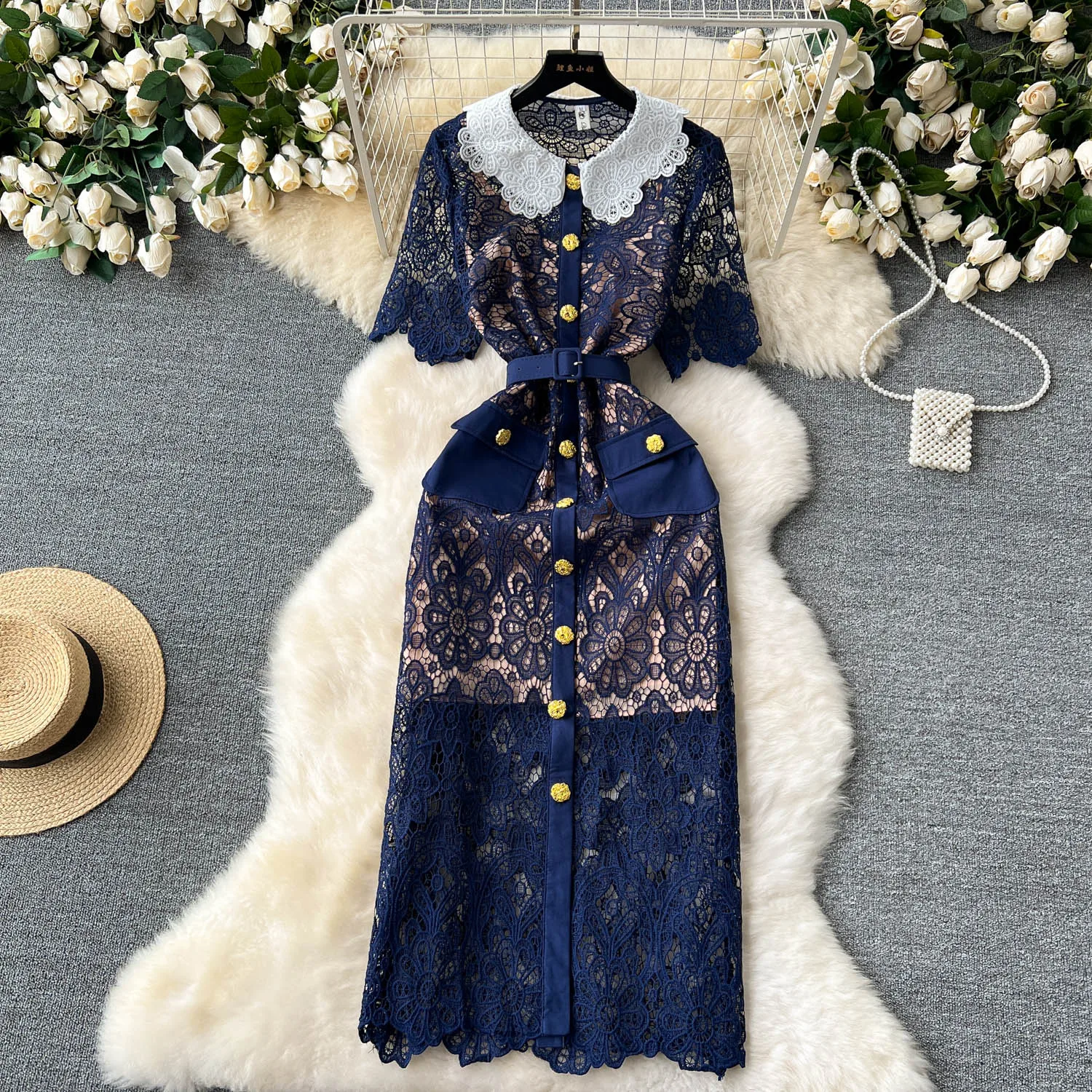 

Sexy Lace Peter pan Collar sashes Dress vintage Elegant Slim Women summer sweet Party basics Beach korean fashion dresses