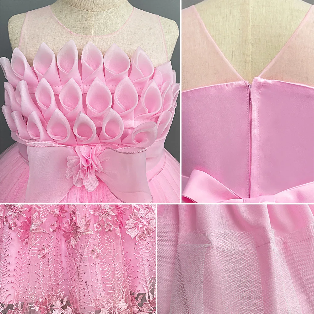 ELBCOS 4-14T Kid Lotus Bud Solid Color No-Sleeve Lace Flower Skirt Organza Piano Costumes Evening Full Dress