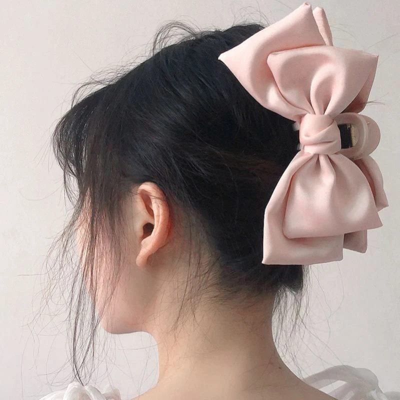 1PC Ladies' Pink Fugitive Princess Sweet Girl Heart Satin Bow Clip Super Fairy Hair Clip