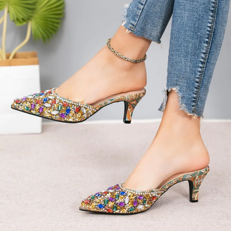 Luxury Rhinestone Kitten Heel Slippers Women Pointed Tou Slides Designer mules Party Shoes Fashion Shiny Heels Women Sandals view 6