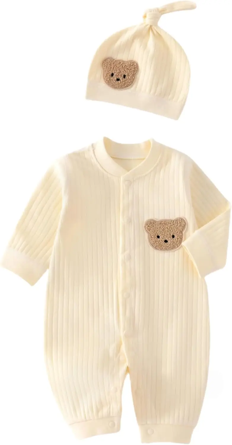 Baby Boys Girls Clothes with Hat, 100% Cotton Long Sleeve Ribbed Knit Button Infant Baby Romper Outfit