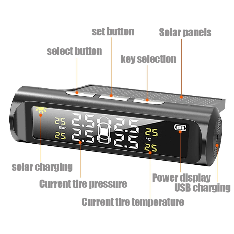 TPMS Tire Pressure Monitoring System Solar Power USB Automotive Security Alarm Wireless Tyre Sensor Smart Car Safety Alarm