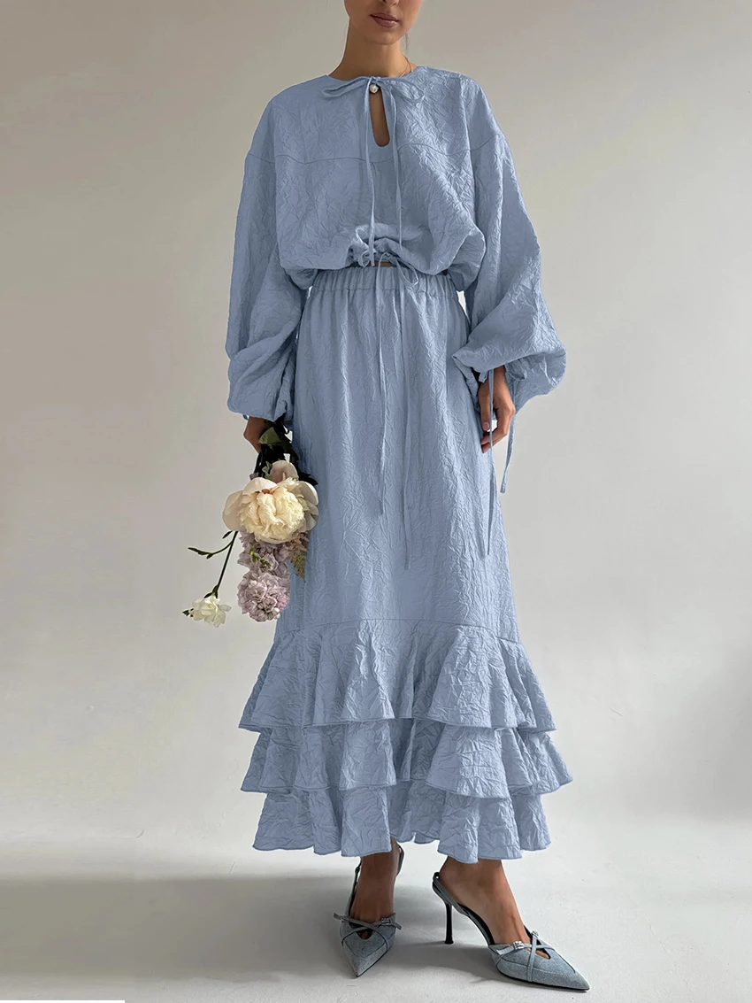 

Marthaqiqi Casual Femme Nightwear Set O-Neck Pajama Lace Up Sleepwear Long Sleeve Nightgown Long Skirts Loose Women Nightie Suit