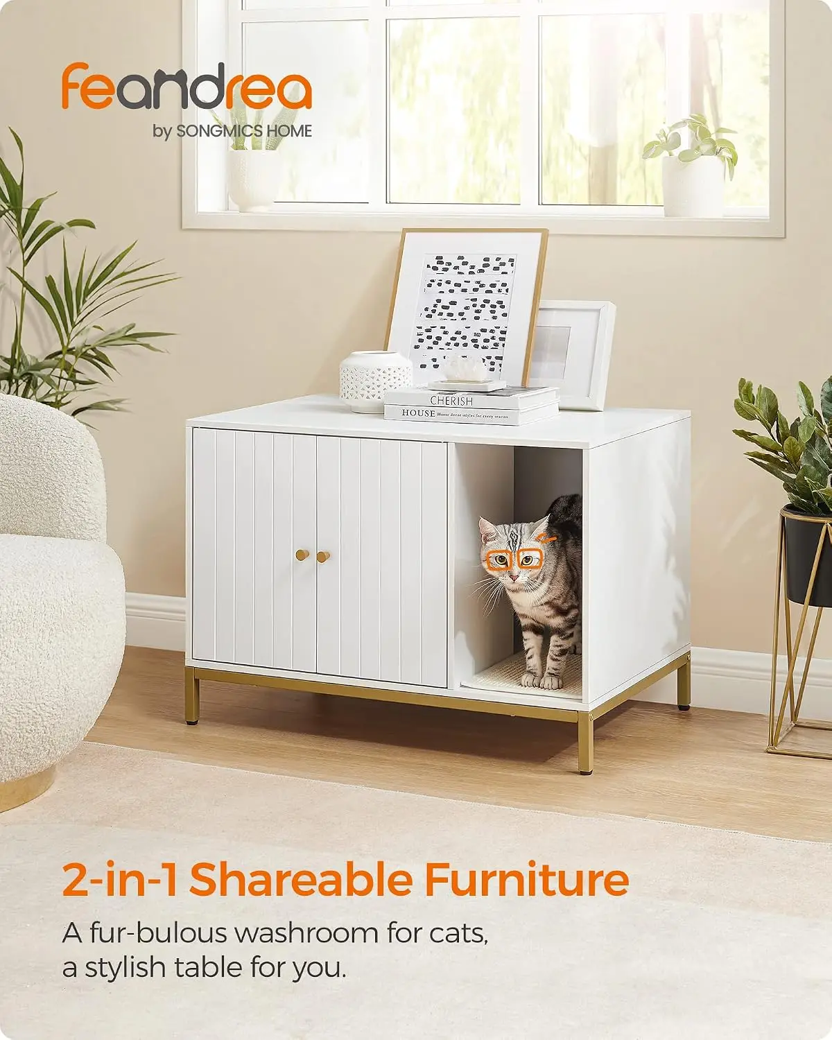Feandrea Cat Litter Box Enclosure, Hidden Litter Box Furniture with Scratch Pad, Front Entry, Double Cabinet Doors, Modern Style, 31.5" Cat House Washroom Side End Table, White and Gold view 2