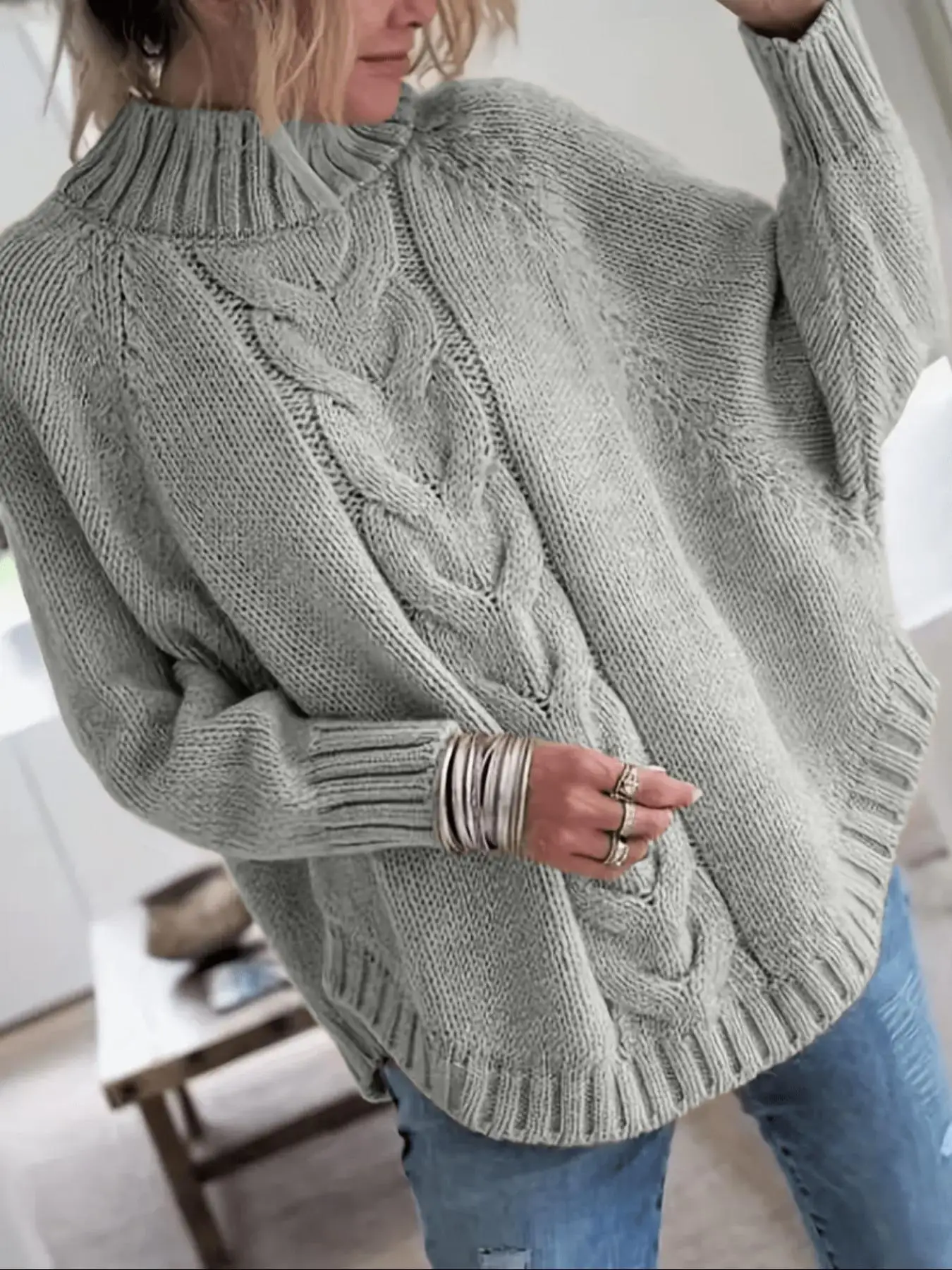 Damen Übergröße Lässiger Pullover mit Fledermausärmeln (Herbst/Winter) – Detail 8