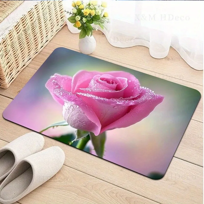 

1PC Dew-Kissed Rose Kitchen Rug Non-Slip Door Mat Pop design Bathroom Rug Bath Mat Carpet for Home Sink Laundry ecoreeree