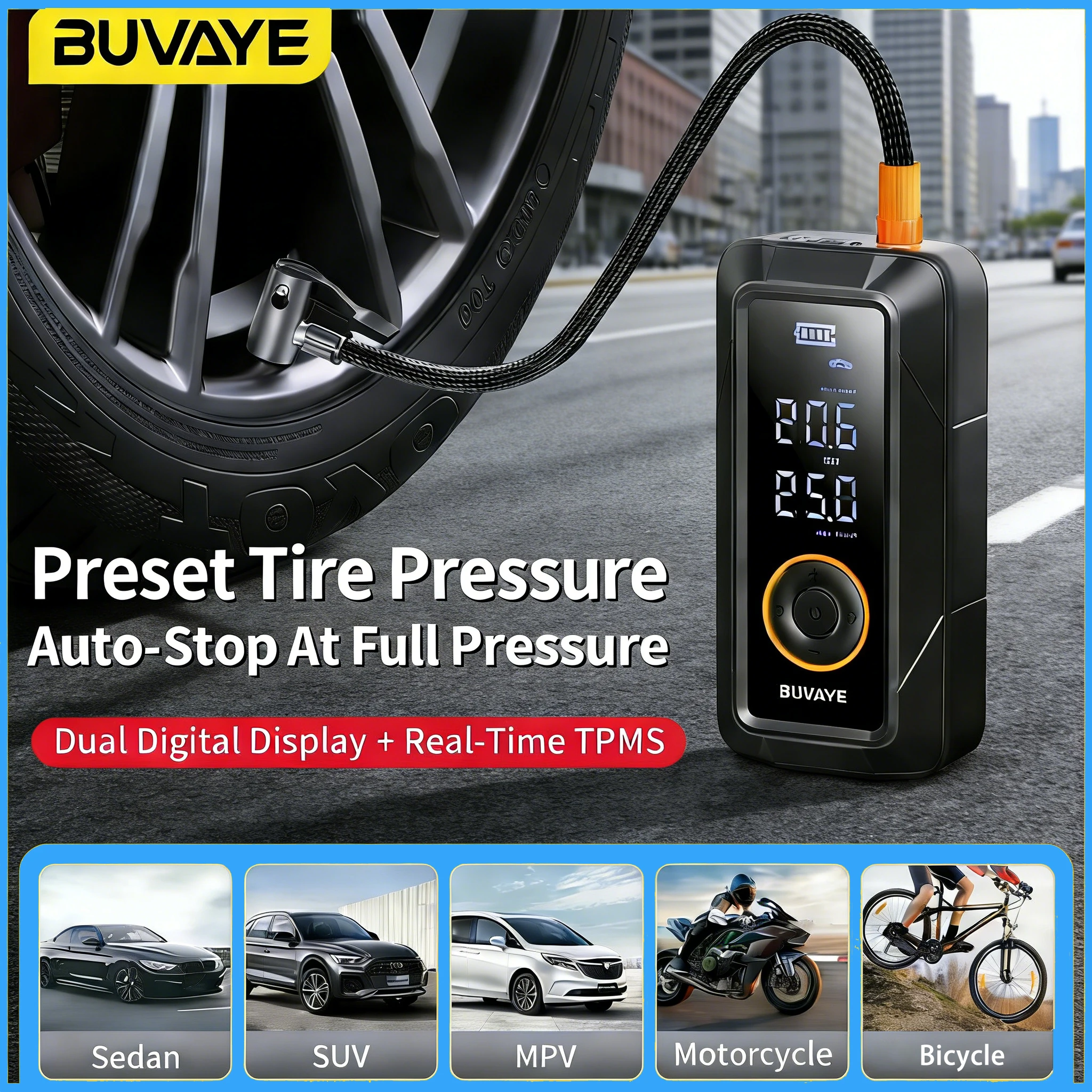 

BUVAYE 150PSI Portable Air Pump Car Air Compressor Digital Display Tire Inflator For Car Bicycle Ball Motorcycle with Light