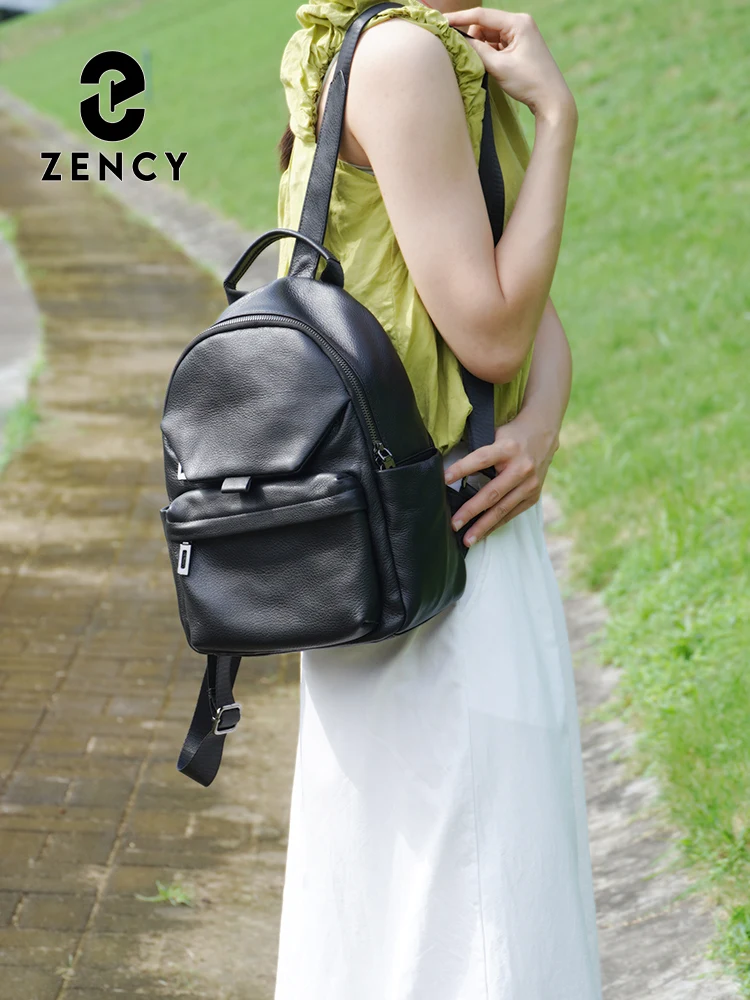 

Zency Light Green Grey Genuine Leather Backpack Soft Cowhide Women Rucksack