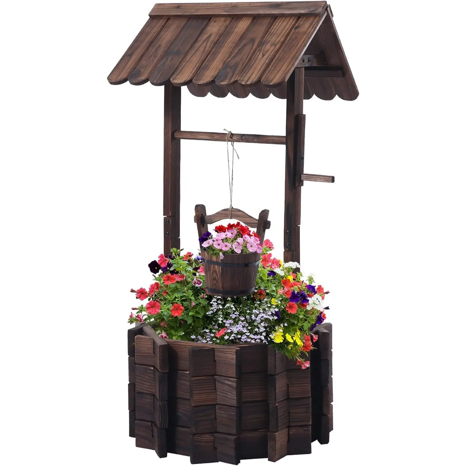 US Wooden Wishing Wells for Outdoors with Hanging Bucket, Wishing Well Planters