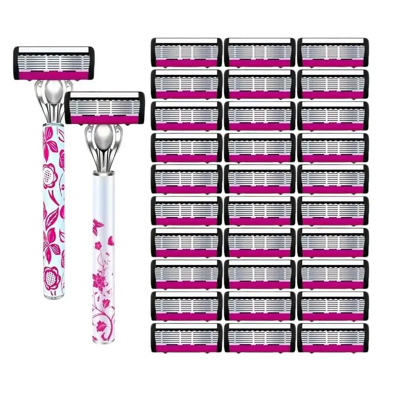 Manual Men’s Body Hair Removal Shaver with 6-Layer Stainless Steel Blade and 2 Handle + 30 Blades