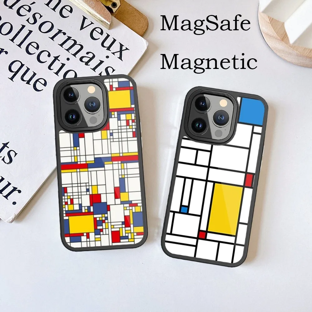 

Mondrian Color Square Art Customer Phone Case For iPhone 15 14 13 12 11 Pro Max Plus Phone Magnetic for Macsafe Cases Cover