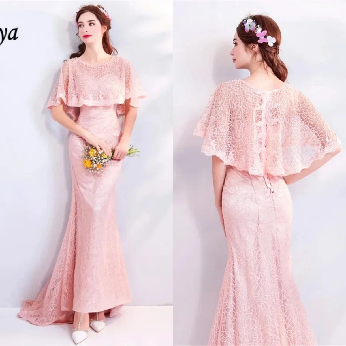 

Evening Dresses Pink Lace Beading O-neck Handmade Wrap Lace up Trumpet Trailing Floor Length Plus size Women Formal Party Gown