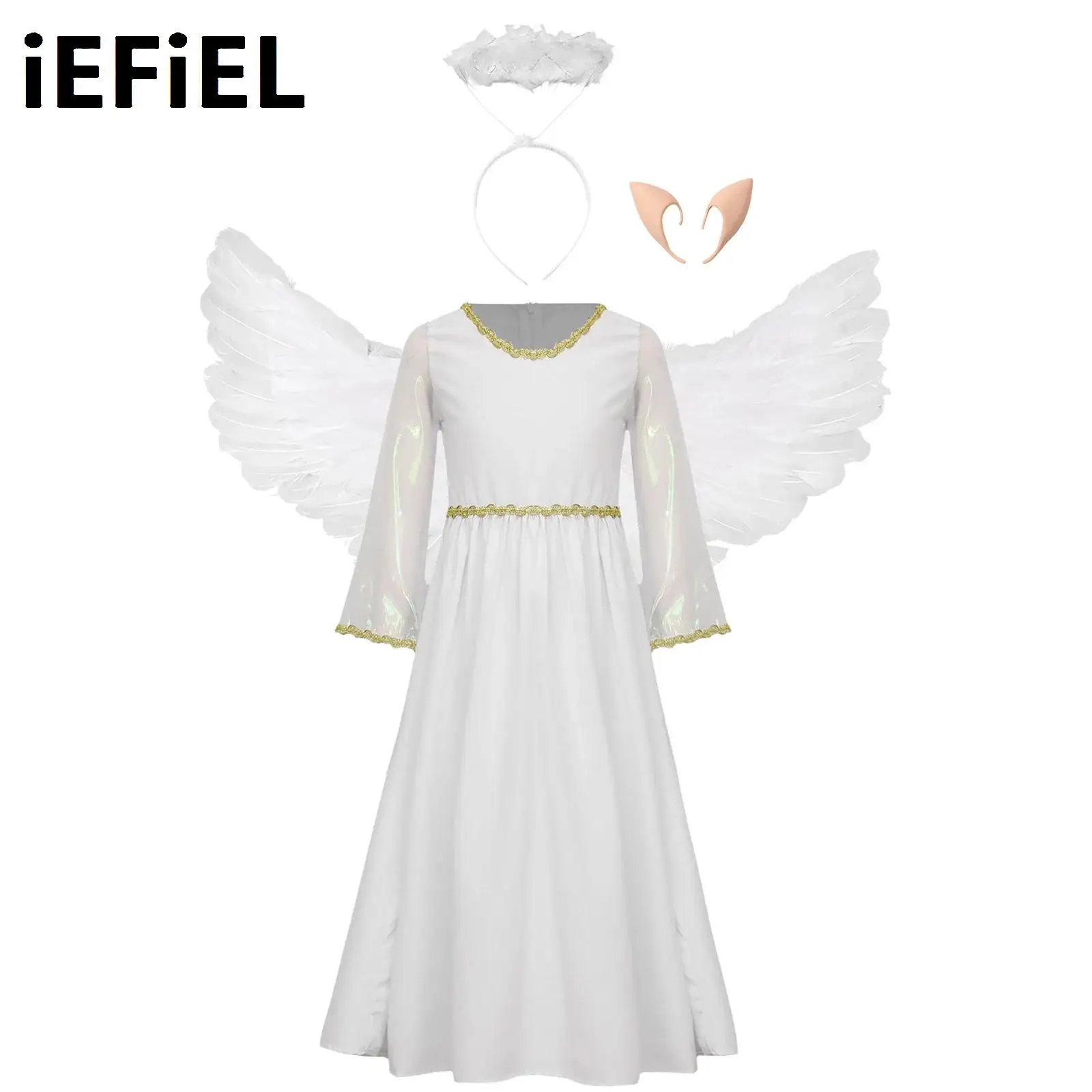 

Kids Girls Angel Role Play Costume Long Sleeve Gold Trim Dress with Elf Ears And Hair Hoop Headband Wings Set for Halloween