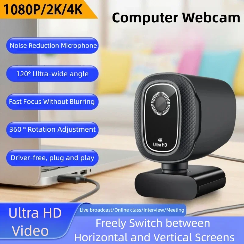 4K Webcam HD Video for PC 1080P 2K Comperter Camera with Microphone Autofocus Web Camera for Live Broadcast/Online Class/Meeting